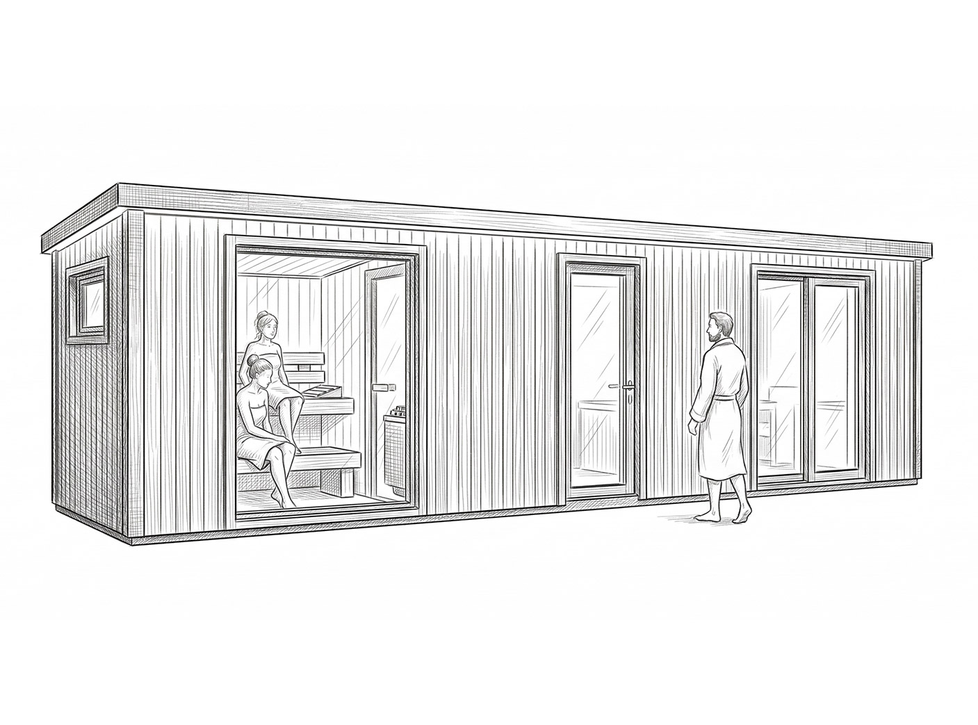 Boční pohled na saunu s rozměry